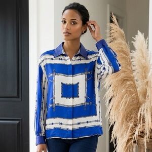 Vintage Women’s CheBella 100% Silk Blouse Blue Equestrian Print Size 8 Statement